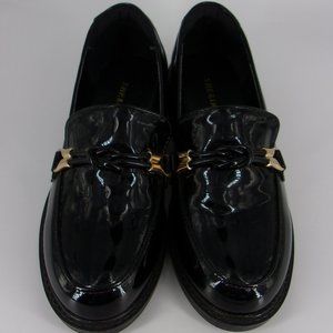 SHE&IN girls' black lacquer loafers with gold buckle, 34